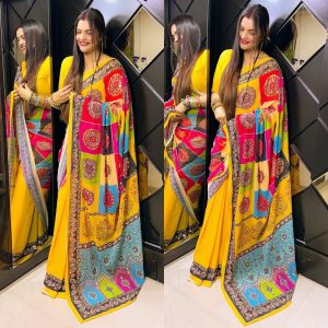 প্রিমিয়াম সেমি মসলিন মিরর ওয়ার্ক শাড়ি।